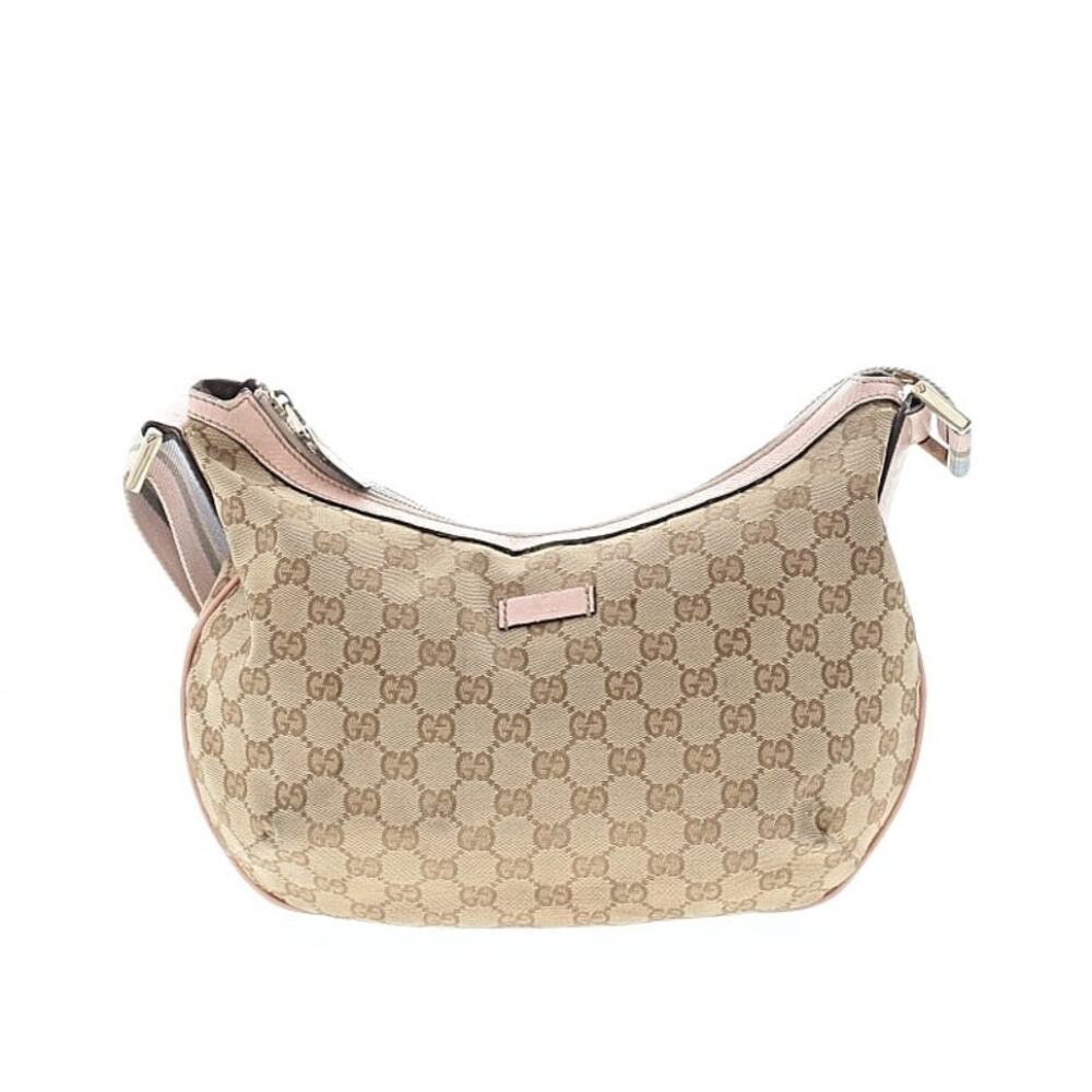 Gucci Monogram Web Medium Half Moon pastel Accents Canvas W/Leather trim.